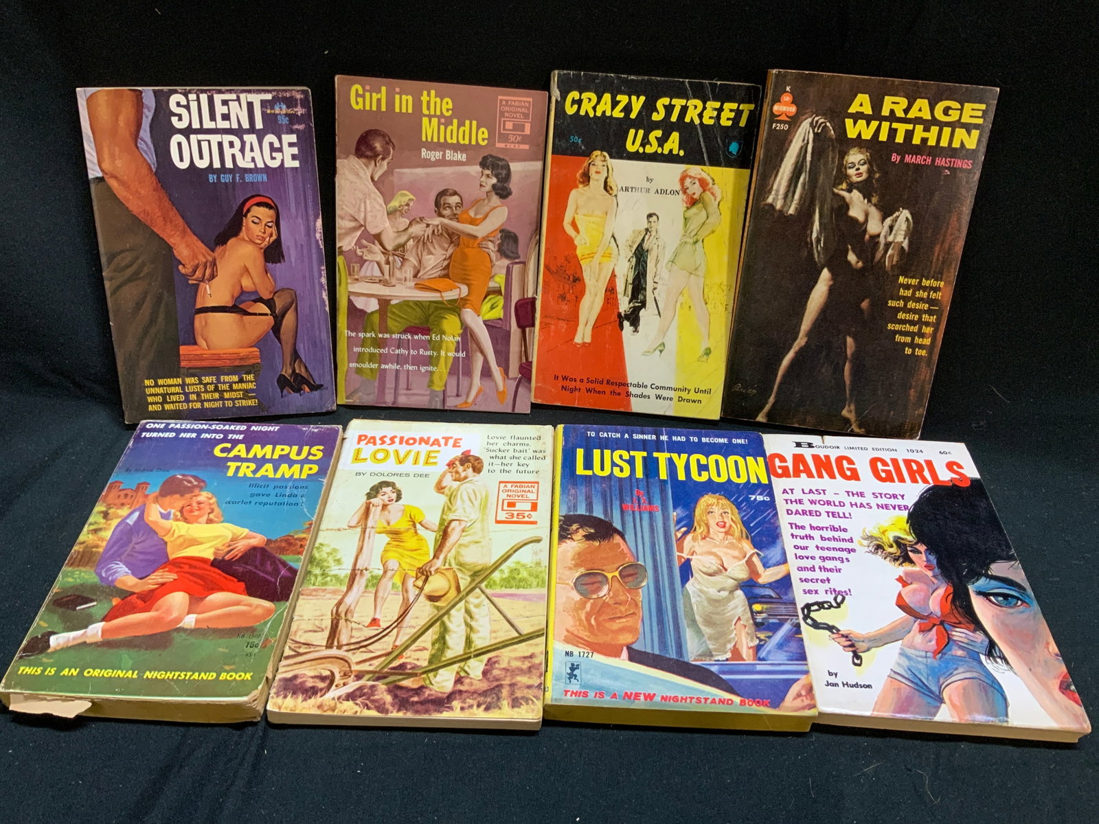 Lot 8 Pulp Fiction Erotica Books 1950-1960s SHAW+: Lot 8 Pulp Fiction Erotica Books 1950-1960s SHAW+ Lot includes, Campus Tramp by Andrew Shaw, A Rage Within by March Hastings, Crazy Street U.S.A. by Arthur Adlon, Passionate Lovie by Dolores Dee, Sile