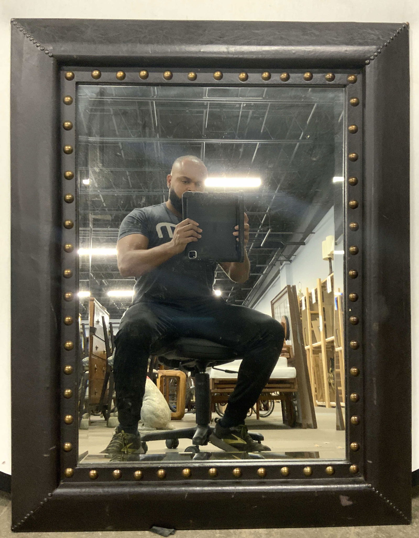 Wood Frame Beveled Wall Mirror W Leather Overlay (1 of 7)