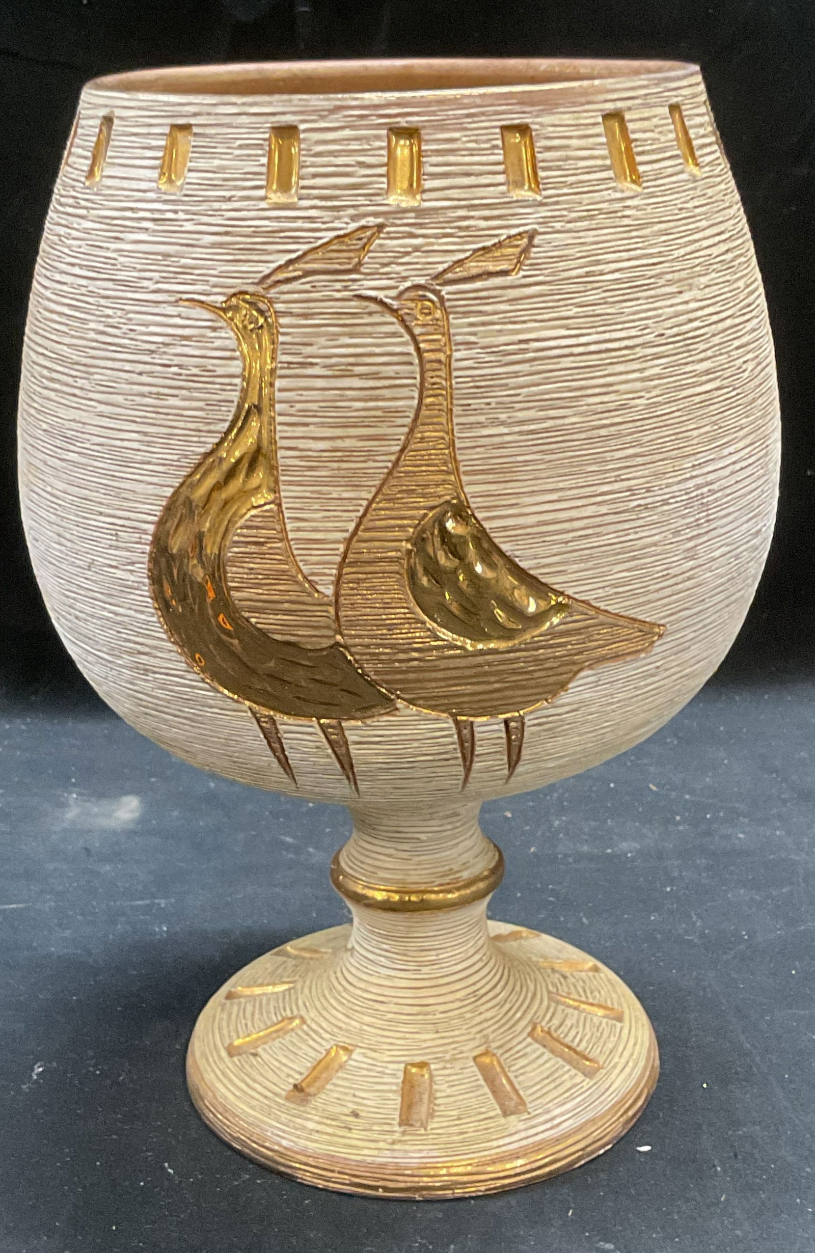 MCM Signed Gilt Bird Pottery Chalice, Italy (1 of 6)