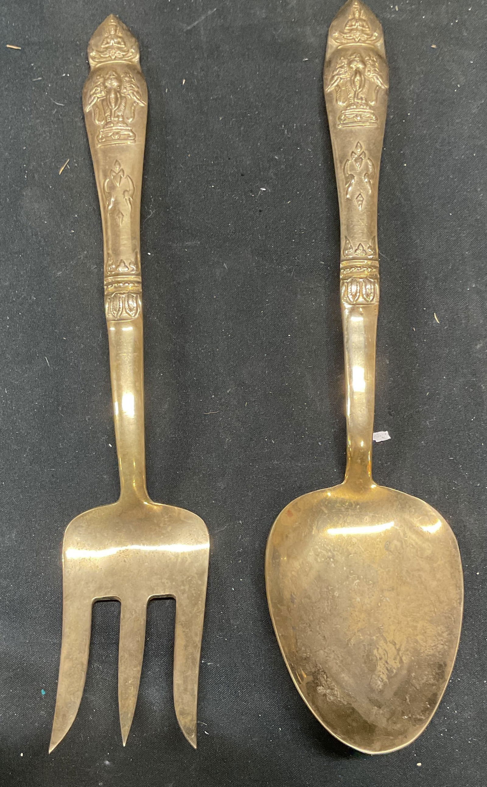 Pair Thai Bronze Ganesha Serving Fork & Spoon (1 of 6)