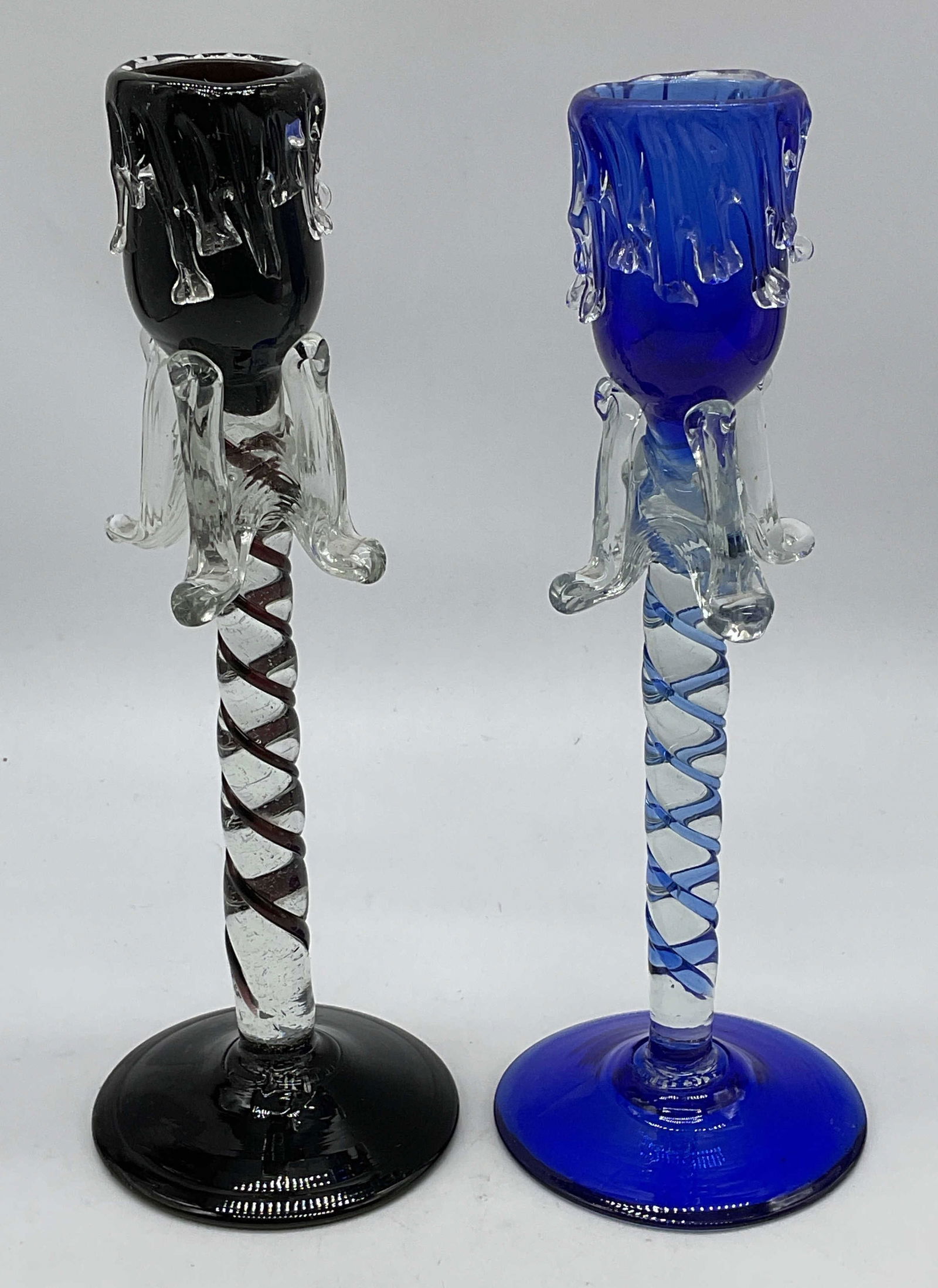 Pair Blue Black Art Glass Drip Swirl Candlesticks (1 of 7)