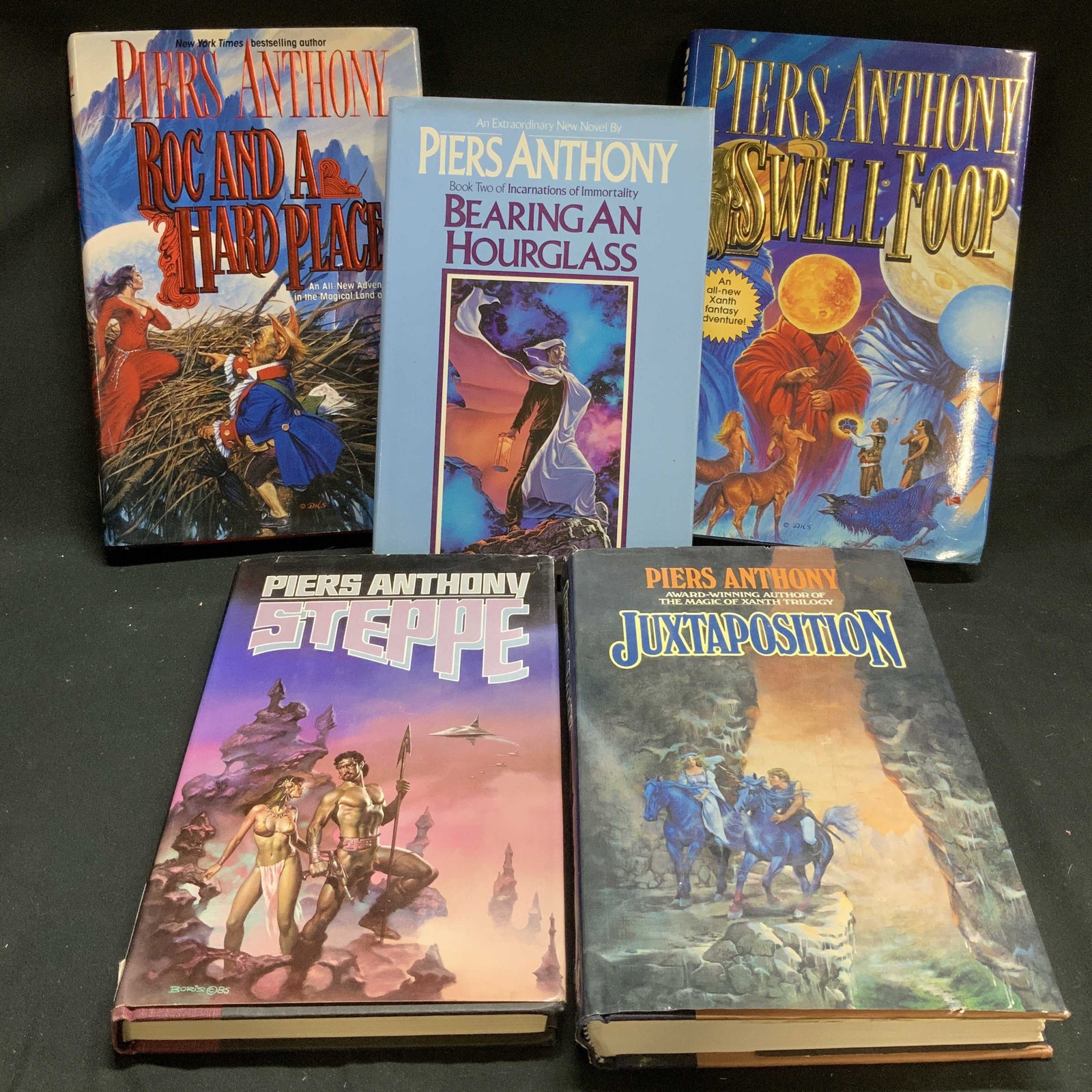 Lot 5 Science Fiction Books 1980-2000s ANTHONY: Lot 5 Science Fiction Books 1980-2000s ANTHONY Lot includes, Steppe (1985 second printing) Juxtaposition (FIRST EDITION 1982), Bearing An Hourglass (1984 FIRT EDITION), Swell Foop (2001 FIRST EDITION)