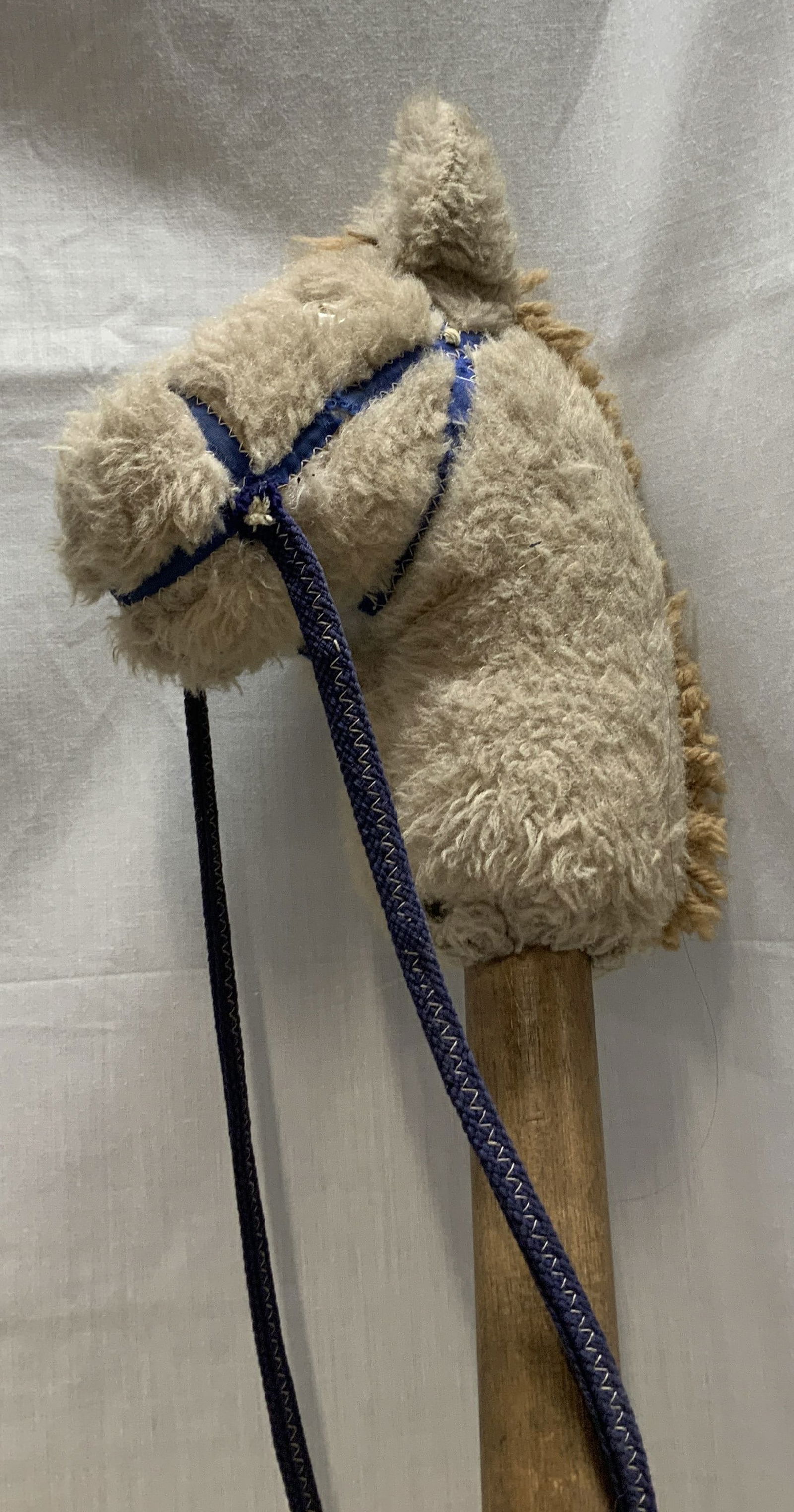 Vntg Childrens Wooden Stick Hobby Horse 39in: Features a plush horse head attached to a long wooden stick, allowing a child to run/gallop. Vintage, possible antique. Surface wear consistent to age, use & exposure. Measurements: length 39in x widt