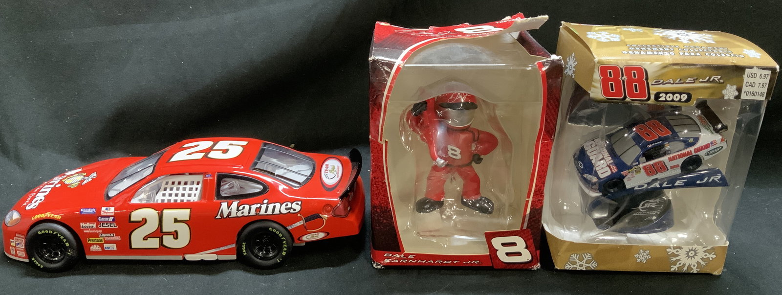 Lot 3 NASCAR Ornaments & 1999 1:64 Cast Metal Car: Lot 3 NASCAR Ornaments & 1999 1:64 Cast Metal Car Lot includes, 2 NASCAR collectible ornaments, featuring Dale Earnhardt Jr. Stock Car Amp Energy & NASCAR Dale Earnhardt Jr. #8 Pit Crew Ornament. Lot 
