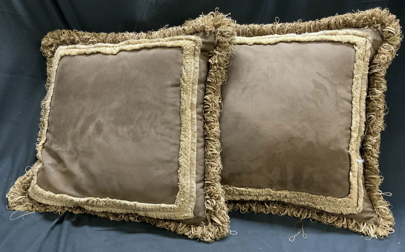 Pr Suede Throw Pillows W Fringes Brown (1 of 8)