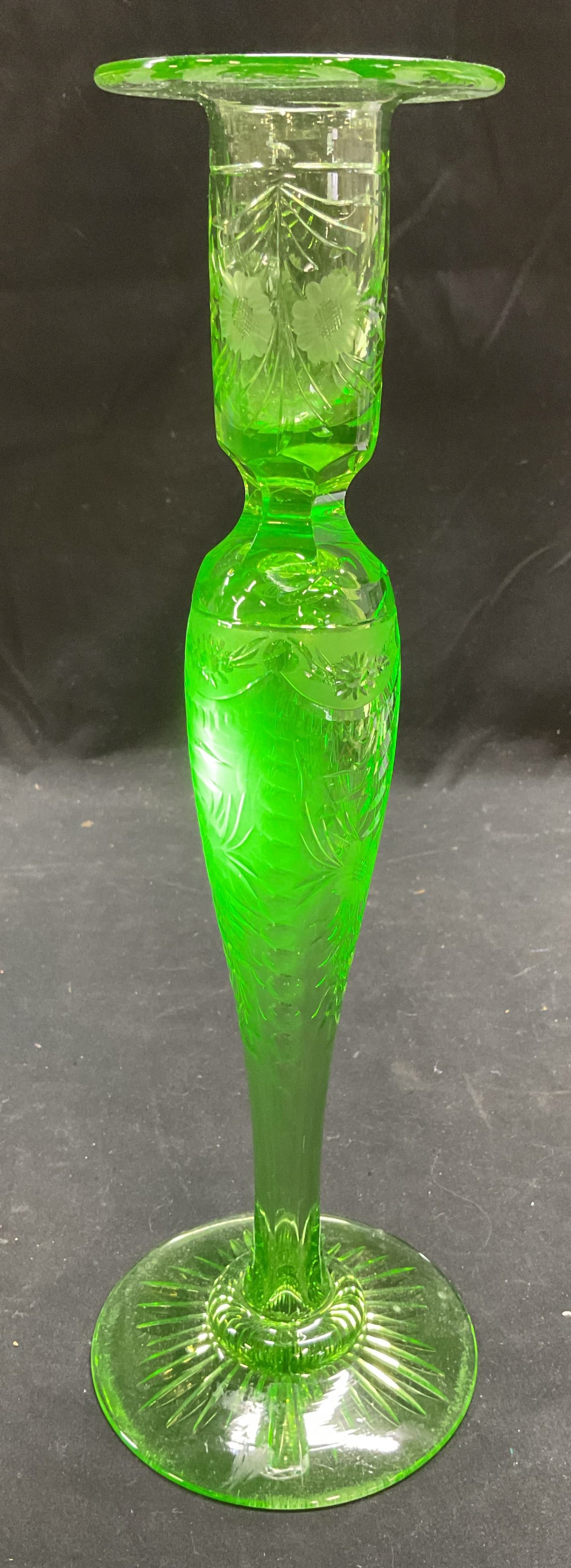 Vintage Etched Uranium Glass Candlestick (1 of 6)