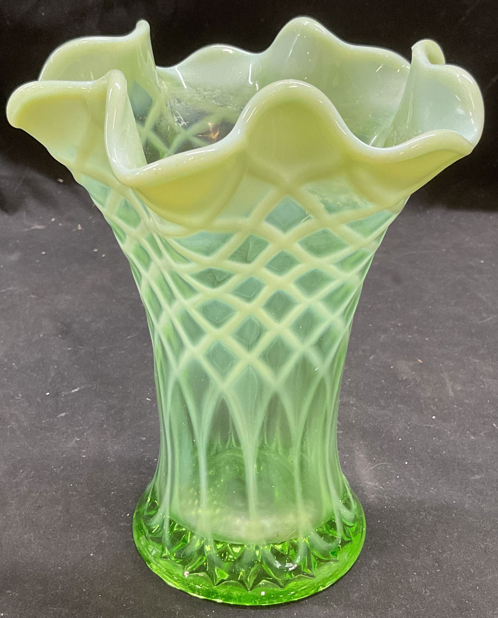 Vintage Green Opalescent Glass Diamond Vase