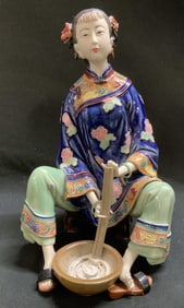 Shiwan Wucai Seated Asian Lady Porcelain Figurine