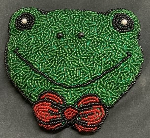 Frog W Bow Tie Glass Beaded Green Coin Purse
