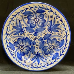 Hand Painted Blue & White Floral Ceramic Plate