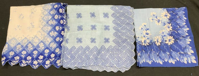 3 Vtg Blue Floral & Geometric Linen Handkerchiefs