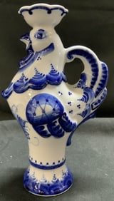 Vntg Gzhel Hand Made Rooster Candlestick Holder