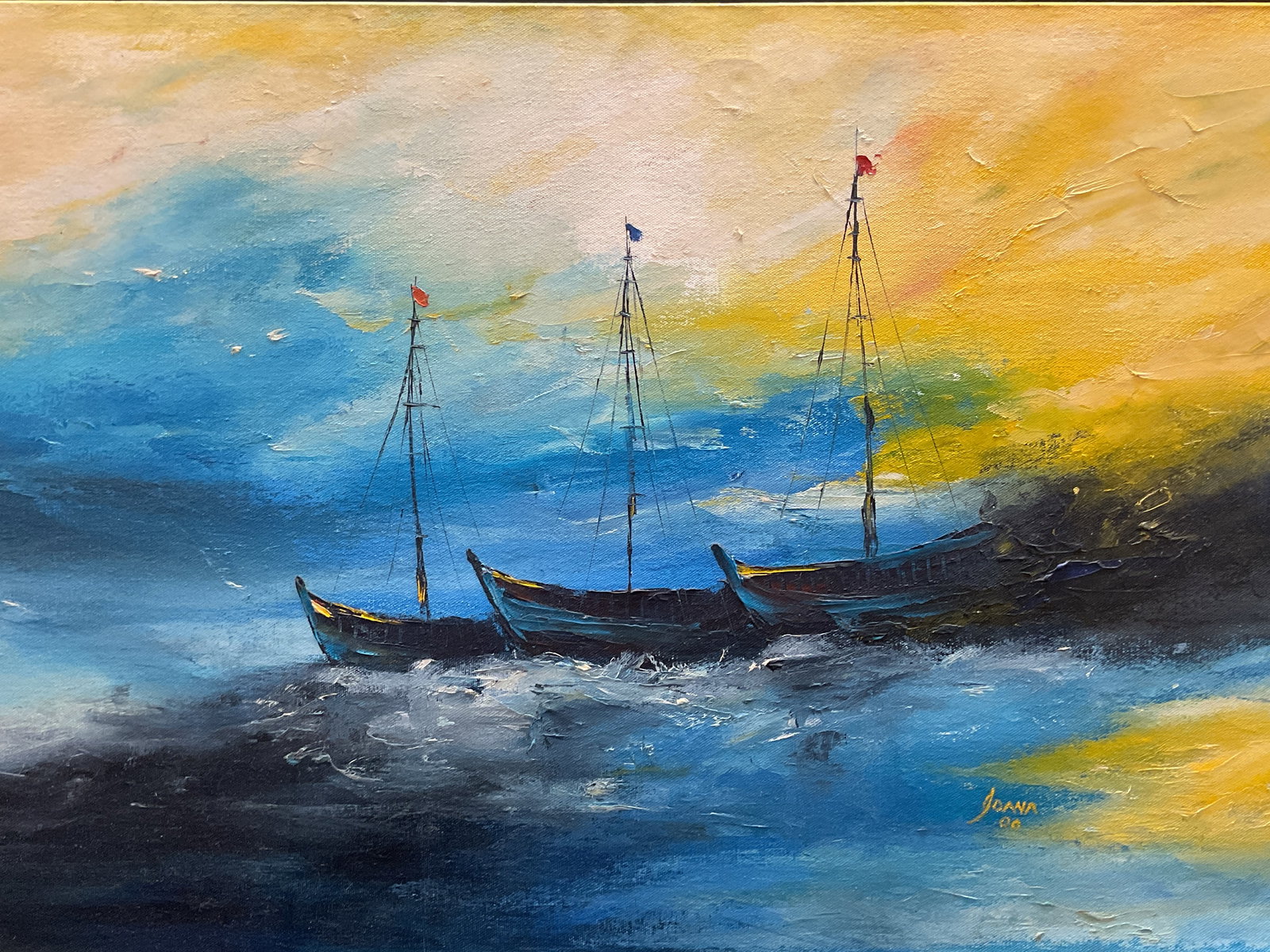 Signed Joana Maritime Ships Oil Painting 2000 31in (1 of 6)