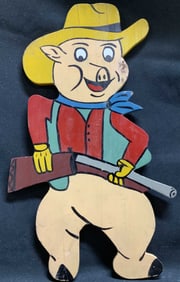 Hand Painted Wooden Pig Cowboy Wall Plaque 12.3in
