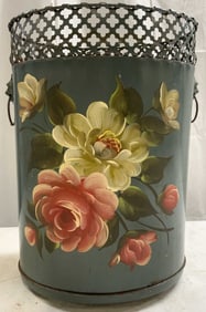 Vintage Hand Painted Toleware Bin Vessel W Handles