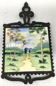 Vtg Cast Iron Trivet Ceramic Tile Landscape JAPAN
