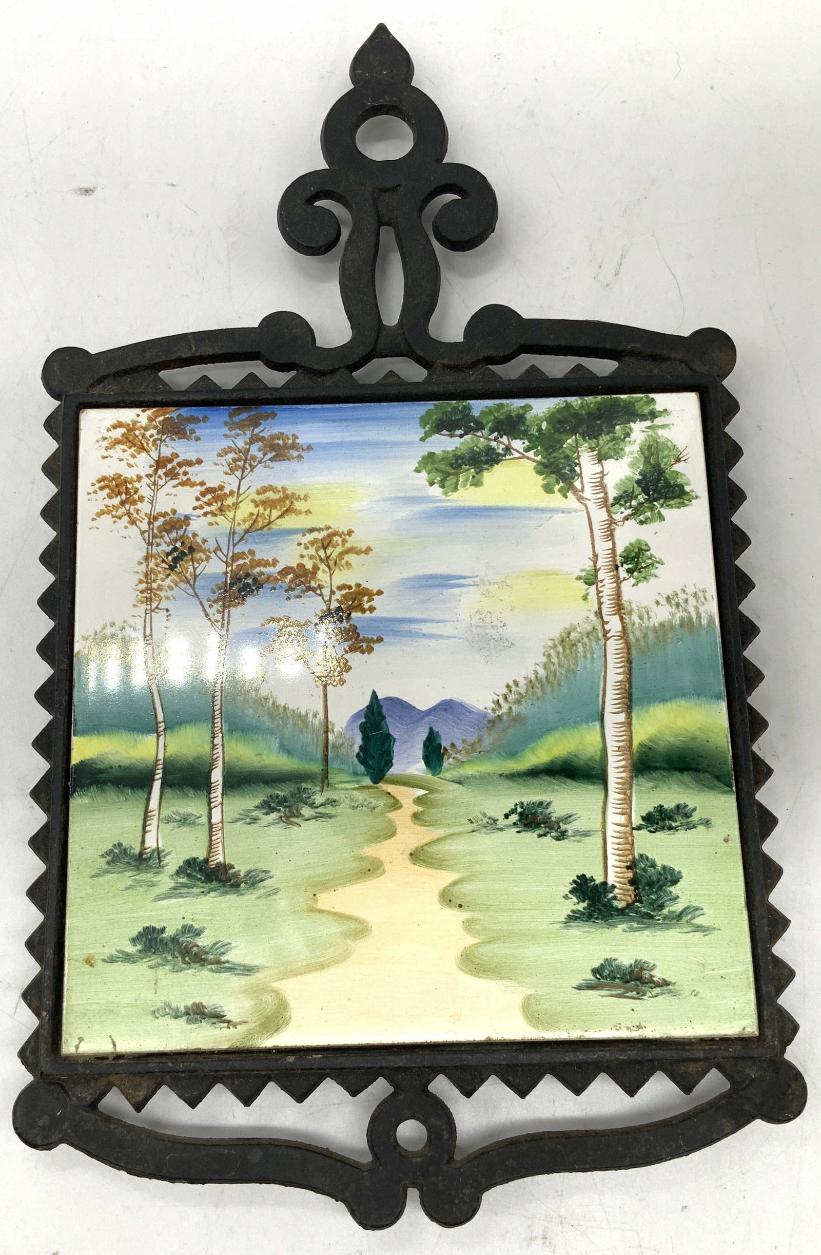 Vtg Cast Iron Trivet Ceramic Tile Landscape JAPAN (1 of 7)