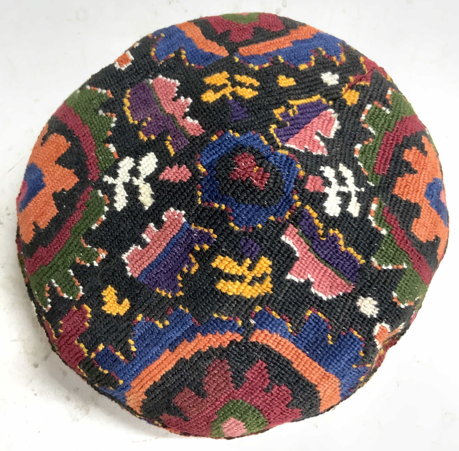 Vtg Uzbek Slk Emb Skullcap Cross Stitched Hat: Hat is vintage. Tribal Uzbek cross stitched skull cap with intricate multi toned geometric detail. Hat appears to possibly be silk. Measures approximately ( inches wide 4 tall. Hat, skullcap, vintage