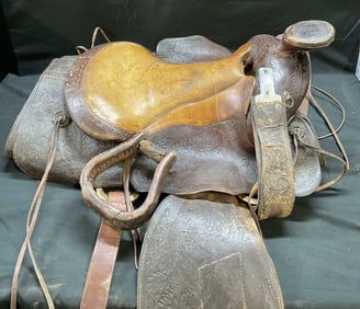 Vintage Leather Tooled Western Horse Saddle
