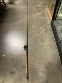 Vntg One Piece Bamboo Fishing Rod Metal Reel 9.3ft