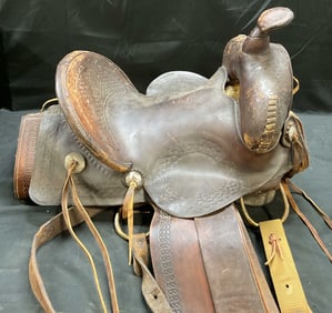 Vintage Brown Leather Tooled Horse Saddle