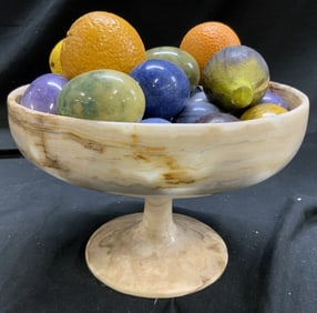 Lot 24 Marble Eggs & Plaster Fruit & Ped Dish