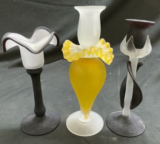 Lot 3 Frosted Art Gls Candlesticks