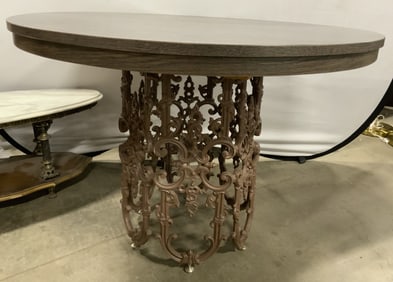 Vntg Iron Base Wood Veneer Top Dining Table
