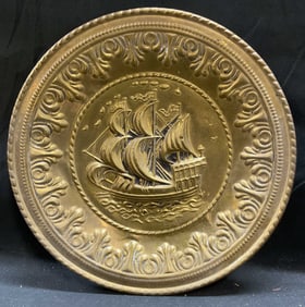 Vintage Brass Relief Ship Wall Plaque, England 1ft
