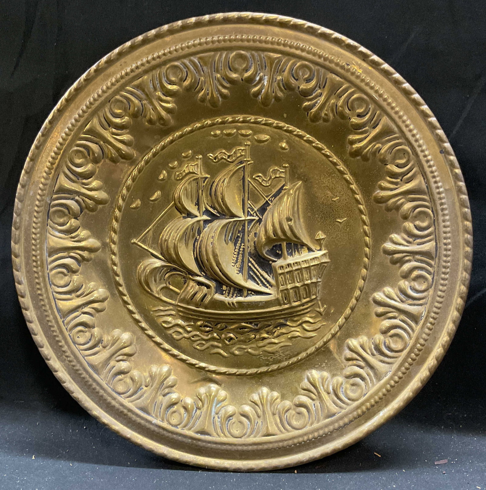 Vintage Brass Relief Ship Wall Plaque, England 1ft (1 of 6)