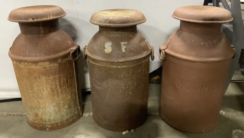 Lot 3 Antique Metal Milk Cans W Handles 25in