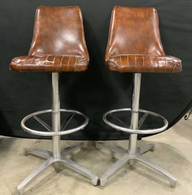 CHROMCRAFT Pair MCM Brwn Leather Uph Stools USA