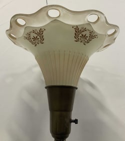 Antq Brass Ornate Torchiere Lamp W Floral Shade