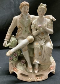Vntg Dresden Victorian Couple On Bench Porc Fig.