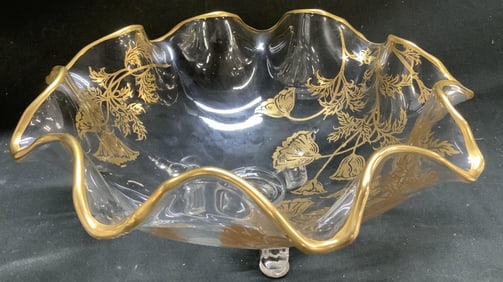 Vntg Gold Floral 3-Toed Scalloped Glass Bowl