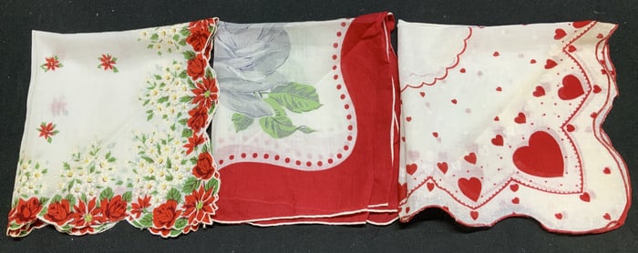 Lot 3 Vtg Assorted Red Hearts&Floral Handkerchiefs