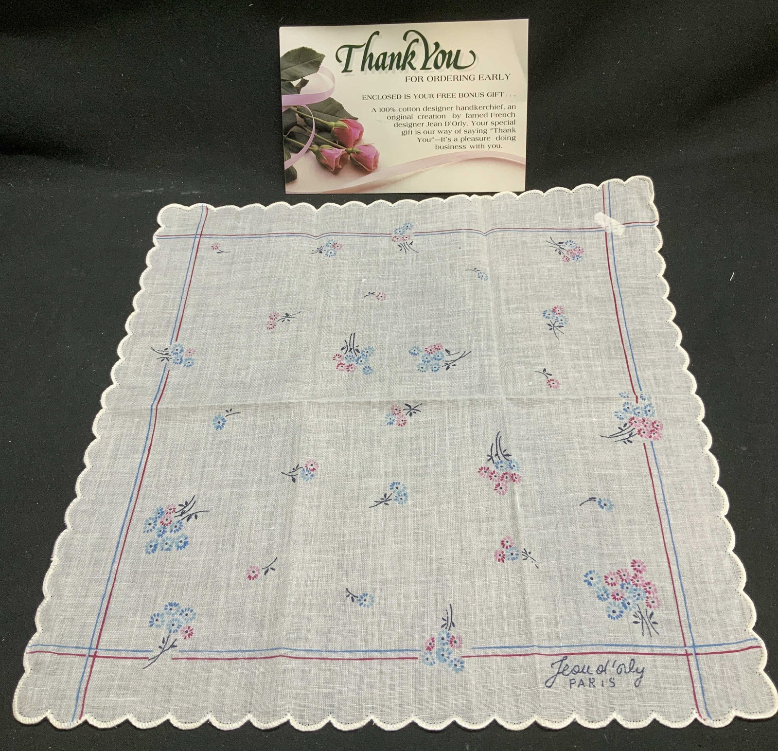 Vntg Jean D Orly Floral Cotton Handkerchief Paris: Vntg Jean D Orly Floral Cotton Handkerchief Paris Handkerchief features a 100% cotton designer, creation by famed French designer Jean D Orly. Handkerchief comes with a thank you note. Surface wear co
