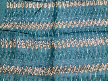 Vntg Teal & Golden Wheat Motif Linen Handkerchief