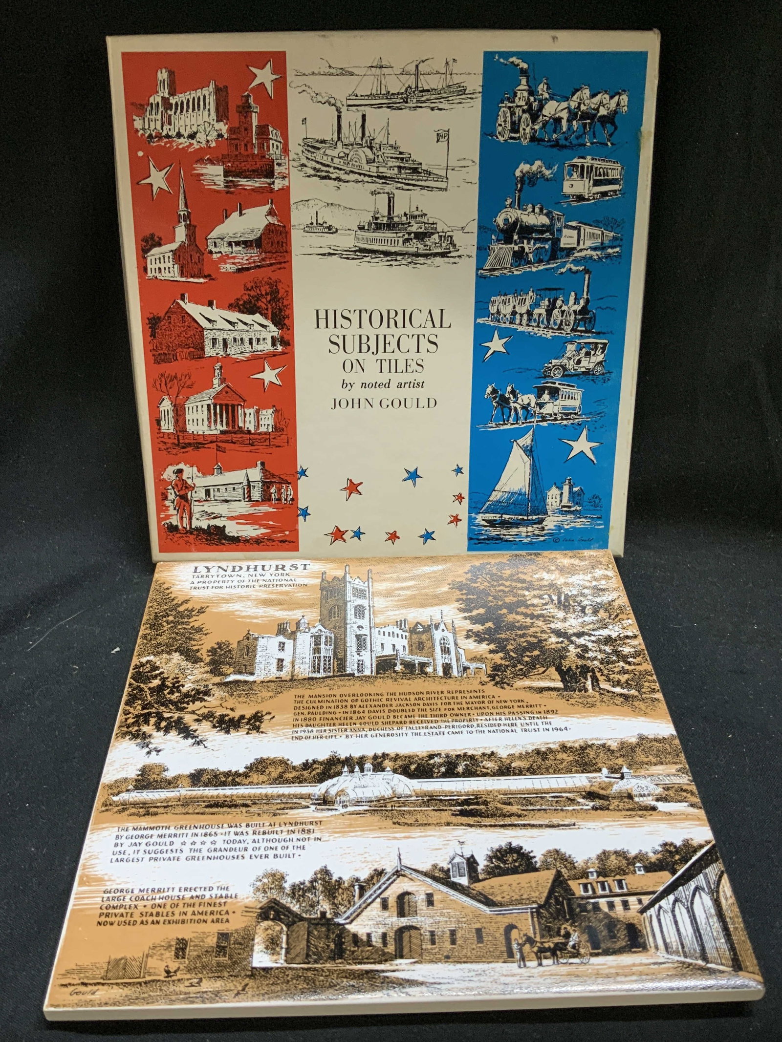 Lyndhurst Historical Subjects on Tiles W Box GOULD: Historical Subjects on Tiles by noted artist John Gould. Lot includes original illustrated box & ceramic tile. Tile features descriptions & illustrations of Lyndurst. Including, The Mammoth Greenhouse