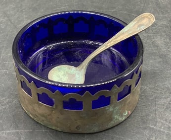 Cobalt Blue Glass Salt Cellar & Silver Toned Spoon