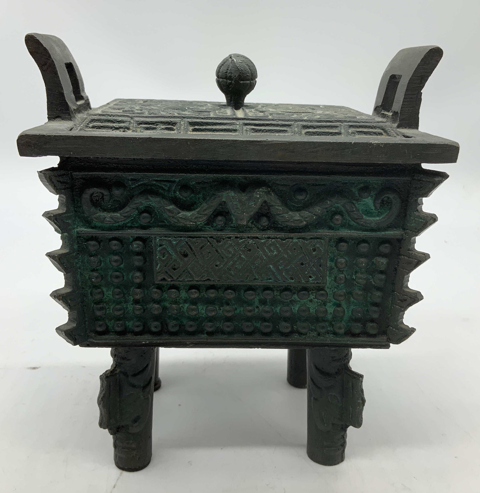 Vntg James Mont Style Iron Incense Sensor: Piece features intricate, geometric patterns and a lid with a central knob, echoing the design of ancient Chinese vessels known as dings. Piece appears to be iron material. Surface wear consistent to