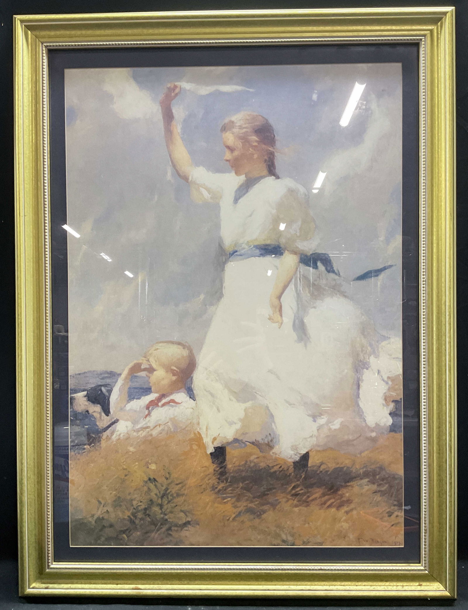 Framed After Benson The Hilltop Lithograph 3ft: Framed and matted lithograph on paper. After Frank Weston Benson, The Hilltop. Children on a hilltop. Faux gilt wood frame. Not examined out of frame. Frame measures approx 36 x 27 inches. Some wear c