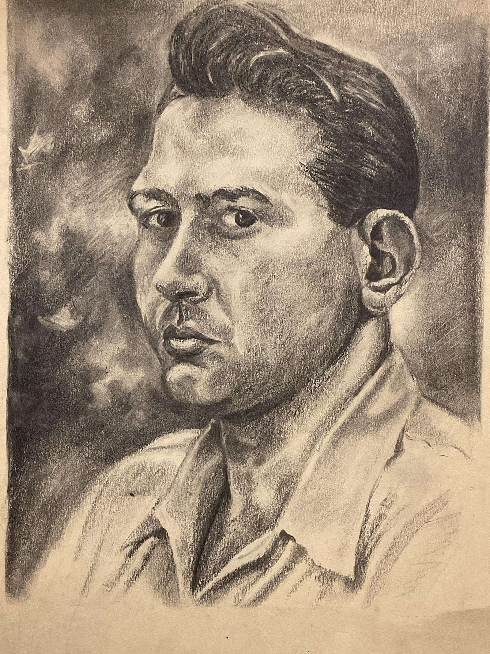 Portrait of a Man Drawing: Drawing on paper board. Portrait of man, view from bust. Board measures approx 20 x 16 inches. Wear including marks, corner wear, and creasing. Art, fine art, home decor, home accessories, wall decor,