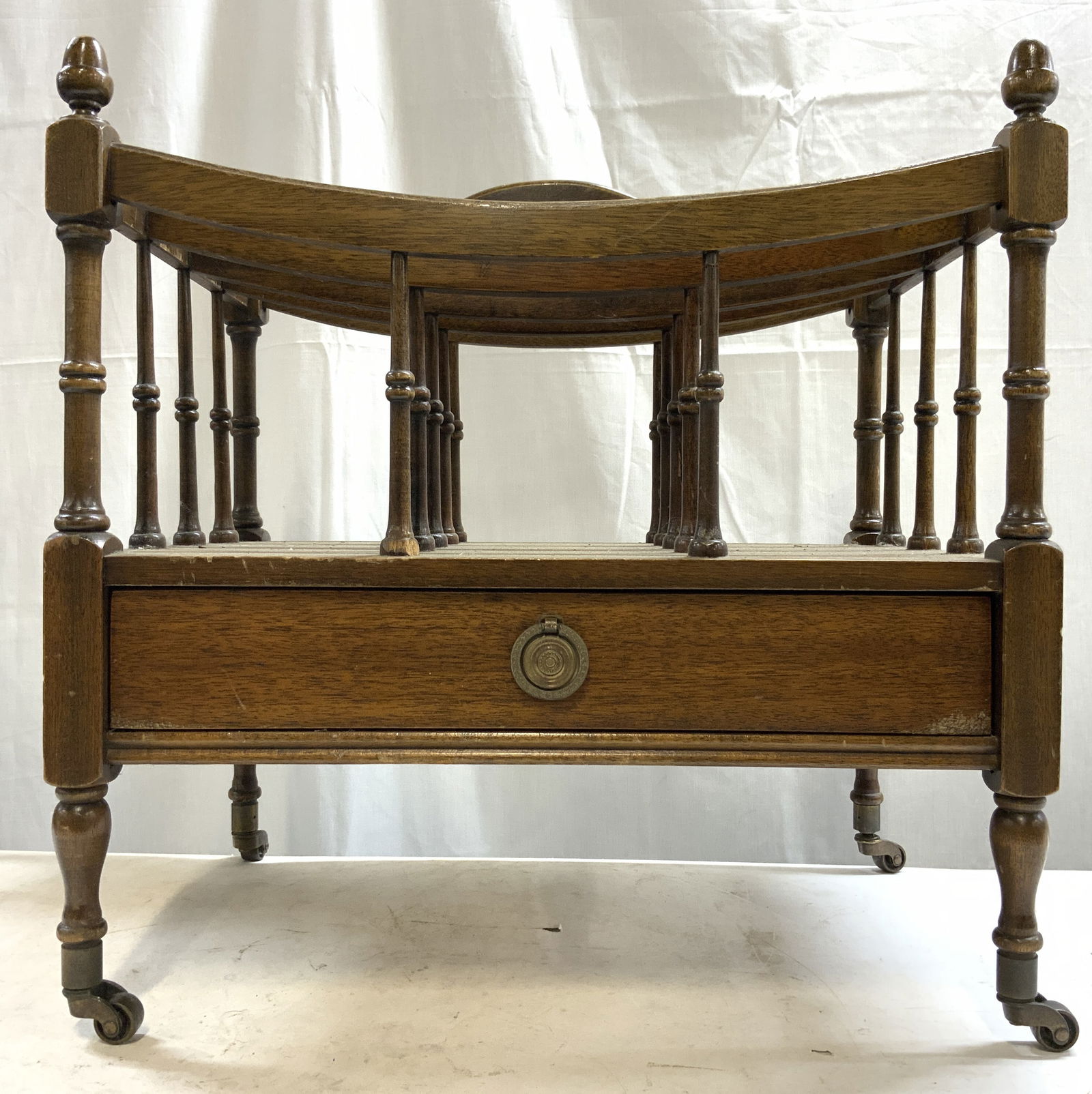 TRADITION HOUSE Vtg English Wood Canterbury: Tag on interior reads TRADITION HOUSE. Canterbury is vintage and wooden. Piece is tan toned. Magazine holder has 4 sections with handle in center. Lower half has drawer with ring form gilt metal handl