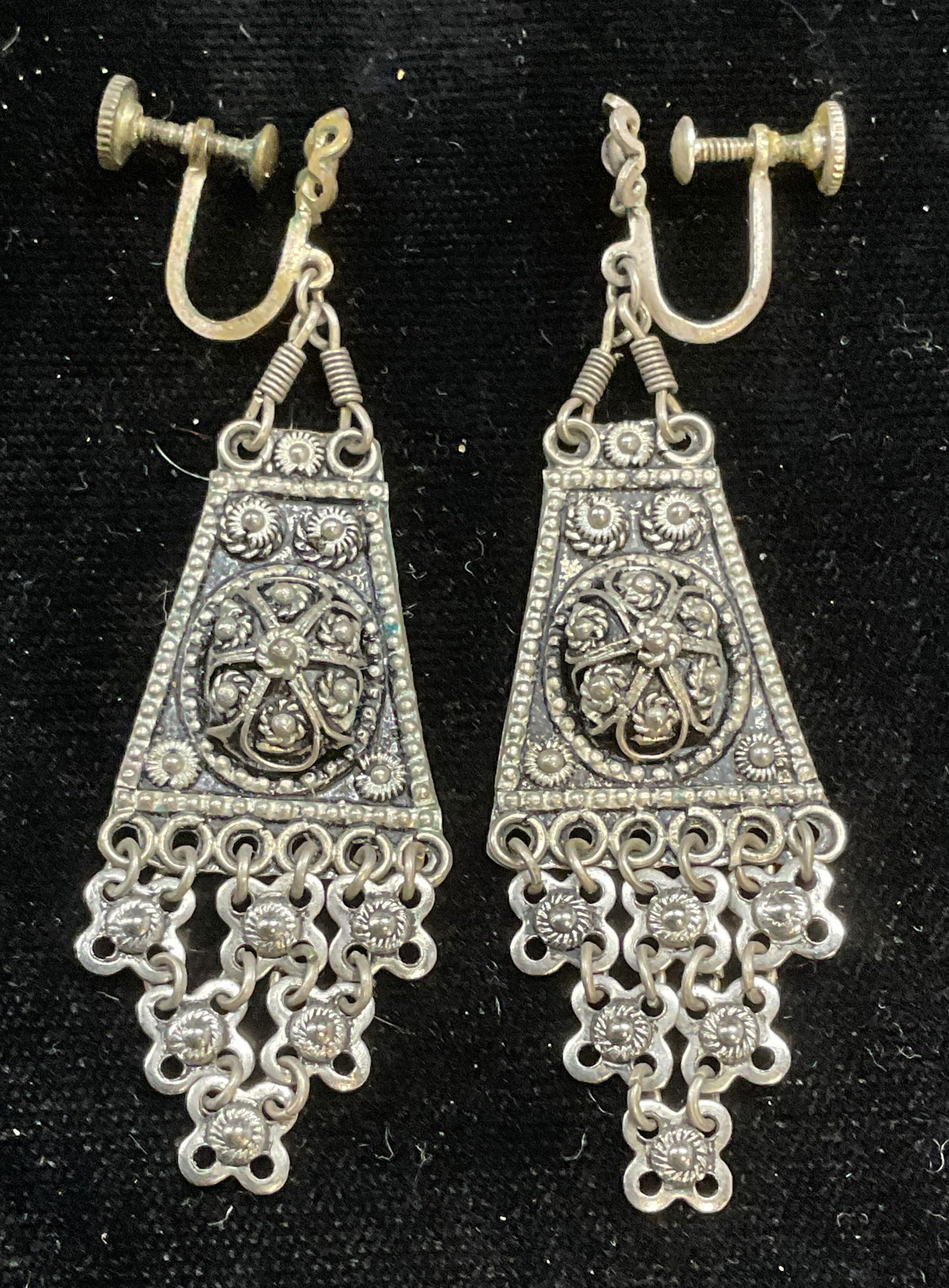 Signed Silver Tone Filigree Dangle Earrings (1 of 6)
