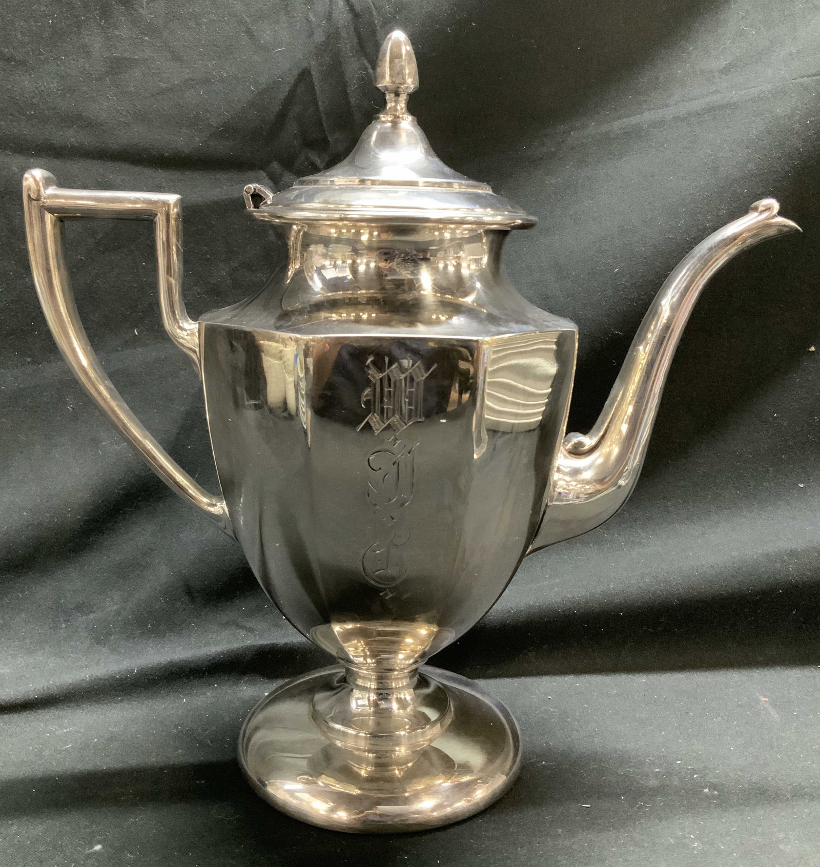 Vntg P.S.CO Silver Plated Etched Monogram Tea Pot: Teapot features a hinged lid and a handle. Body of teapot has an engraved monogram. Signed & marked on underside. Reads, P.S.CO. 2970. Surface wear consistent to age, use & exposure. Measurements: len