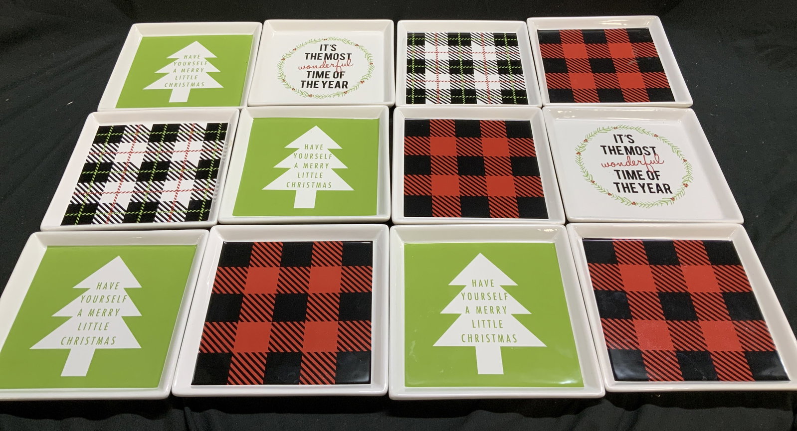 Lot 12 IQ ACCESSORIES Christmas Theme Snack Plates: Lot 12 IQ ACCESSORIES Christmas Theme Snack Plates Snack plates feature various Christmas designs, including green plates with a white Christmas tree and the text HAVE YOURSELF A MERRY LITTLE CHRISTMA