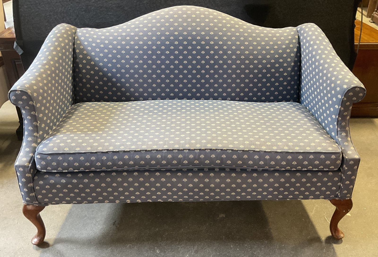 Blue Upholstered Camelback Sofa (1 of 6)