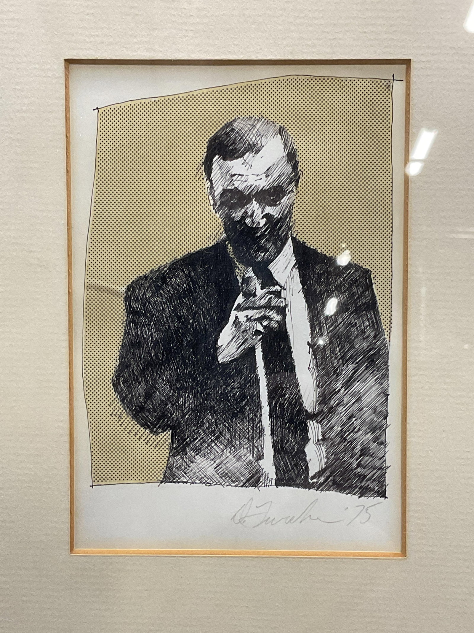 1975 Sgnd Turshen Mixed Media Drawing Man in Suit: Framed and matted mixed media drawing. Signed at lower right, Turshen. Dated 1975. Man wearing a suit. Wood frame. Not examined out of frame. Framed measures approx 15.5 x 11 inches. Some wear consist