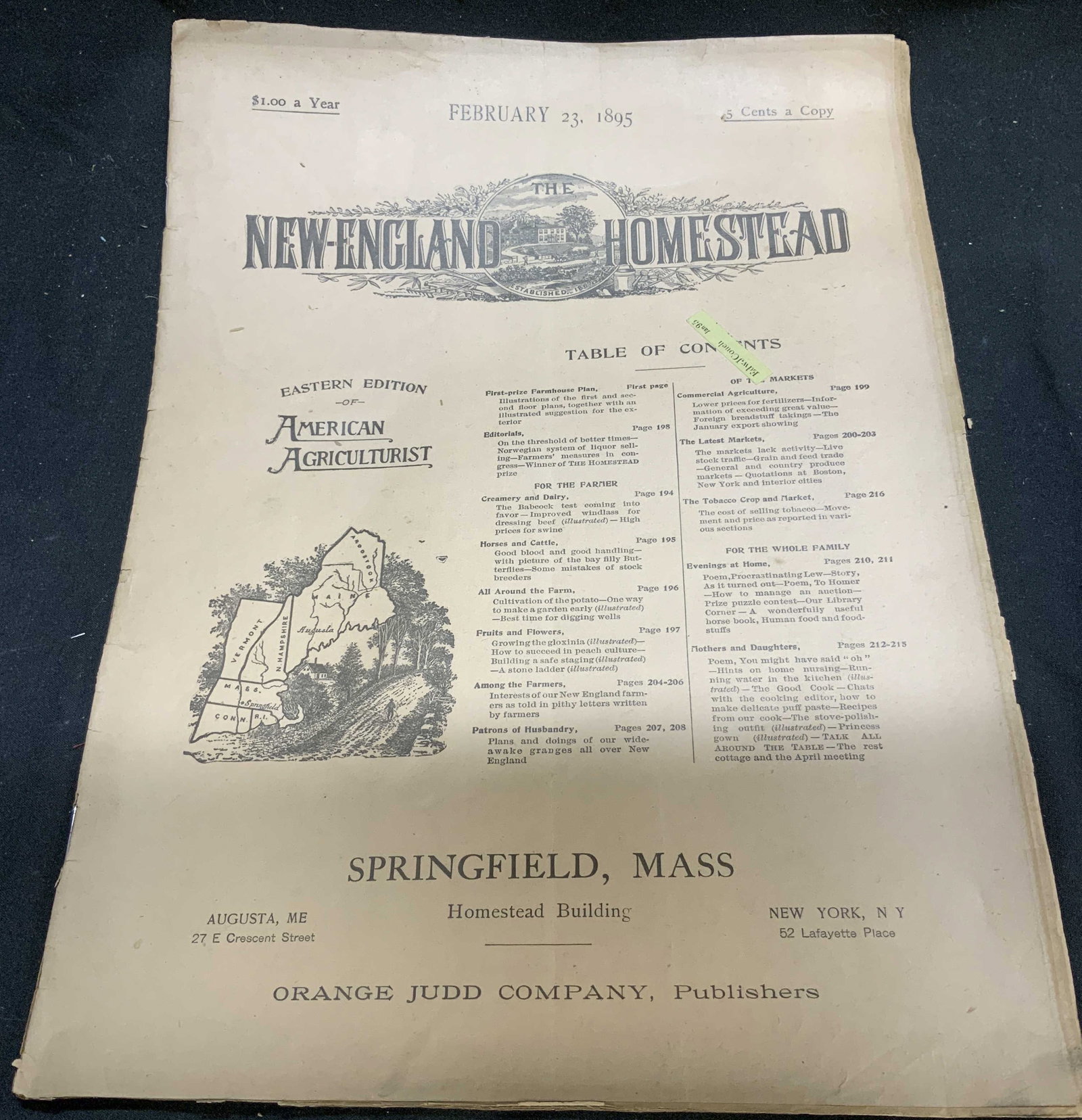 1895 New England Homestead Agricultural Magazine: 1895 New England Homestead Agricultural Magazine Published February 23, 1895. The New-England Homestead. Eastern Edition of American Agriculturalist. Published by Orange Judd Company. Magazine feature